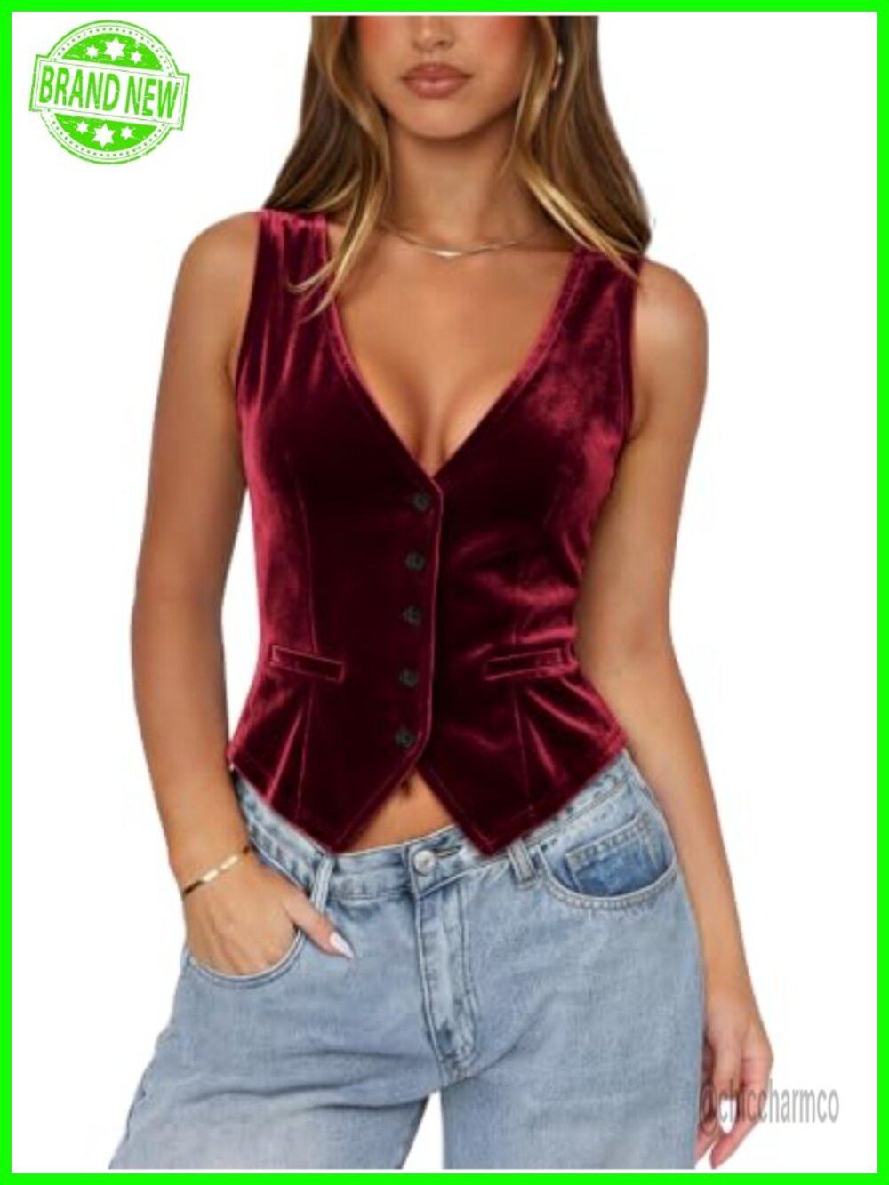 Velvet Vest Top Button Up Sleeveless Cropped Slim Fit Women's